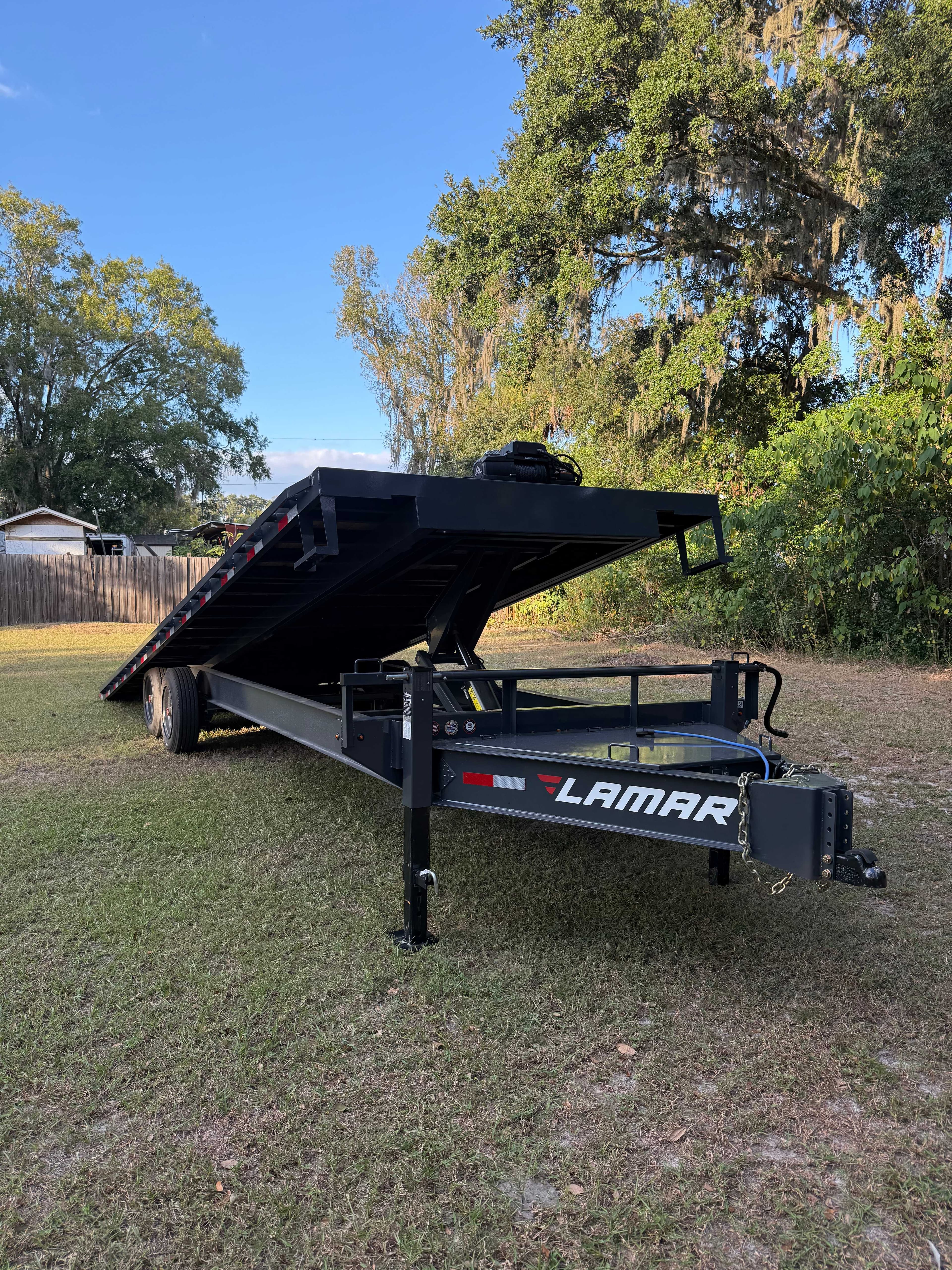 26ft Lamar power tilt equipment trailer rental - hydraulic tilt car hauler Tampa FL